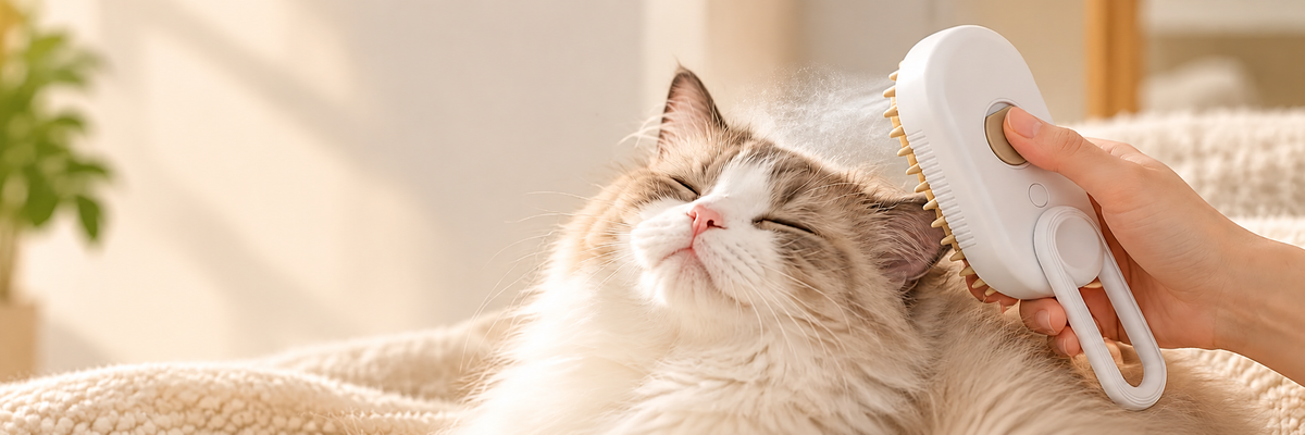 Evylie 3-in-1 mist brush grooming a relaxed cat
